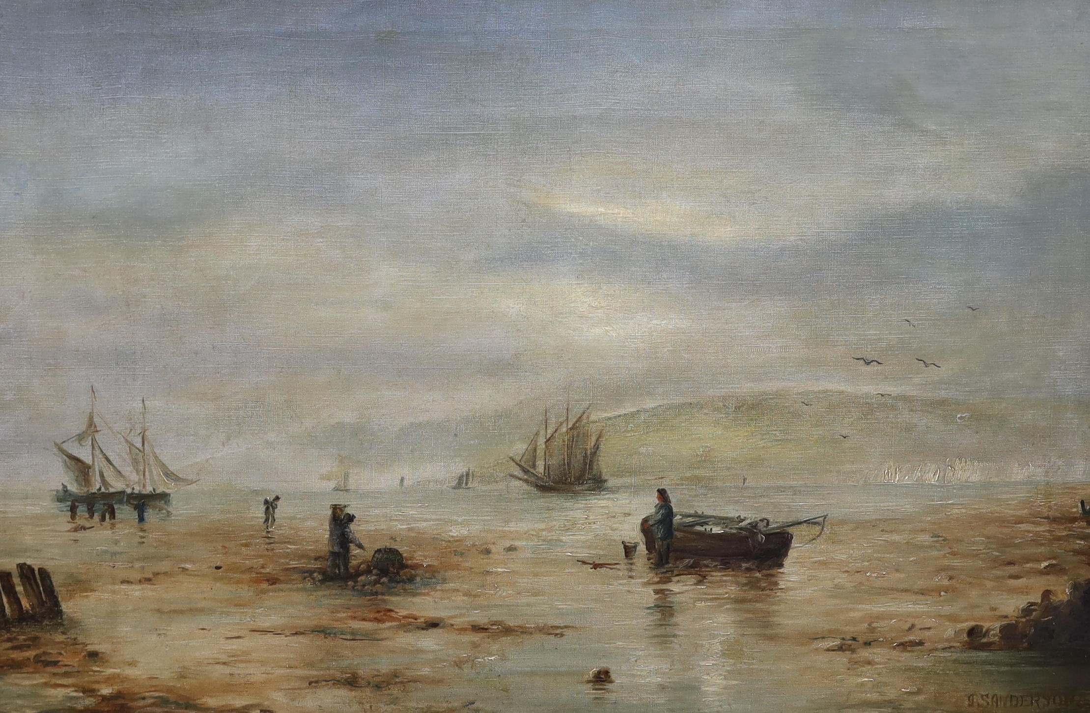 A. Sanderson, pair of oils on canvas, Moored fishing boats and Boats at sea, signed, 75 x 50cm